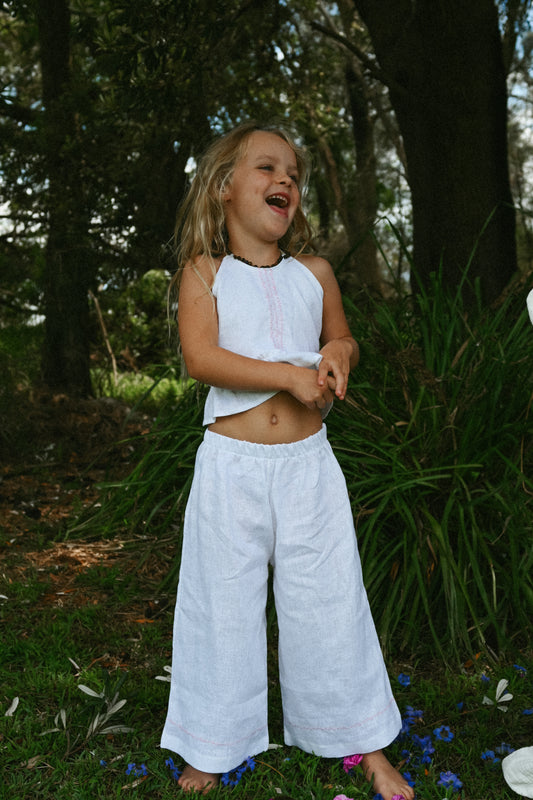 White Trellis Linen Pant with embroidery - PRE ORDER