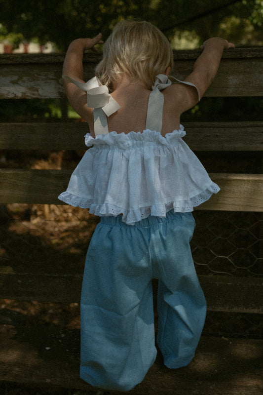 Bluebell lightweight denim pant with white daisy pocket trim - PRE ORDER