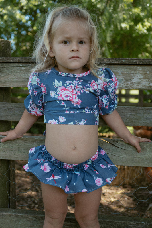 Floral Garden in Navy - puffed sleeve top